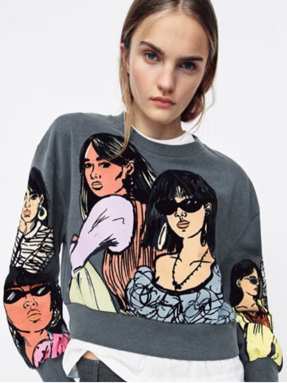 Zara Graphic Women Print Crewneck Sweatshirt - Charcoal with Multicolor Figures